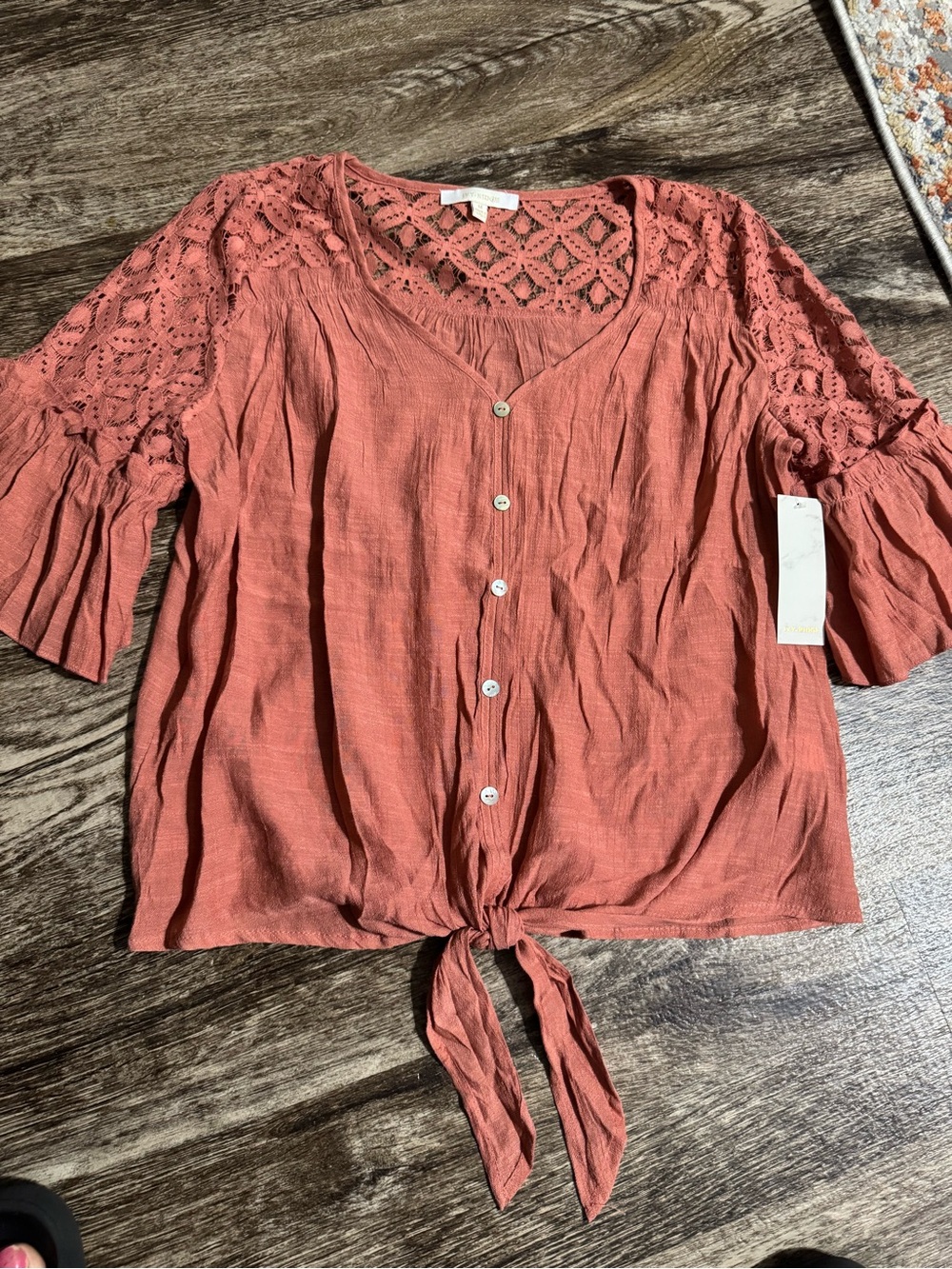 Women’s Crochet-Sleeve Button Front Tie Blouse in Rust